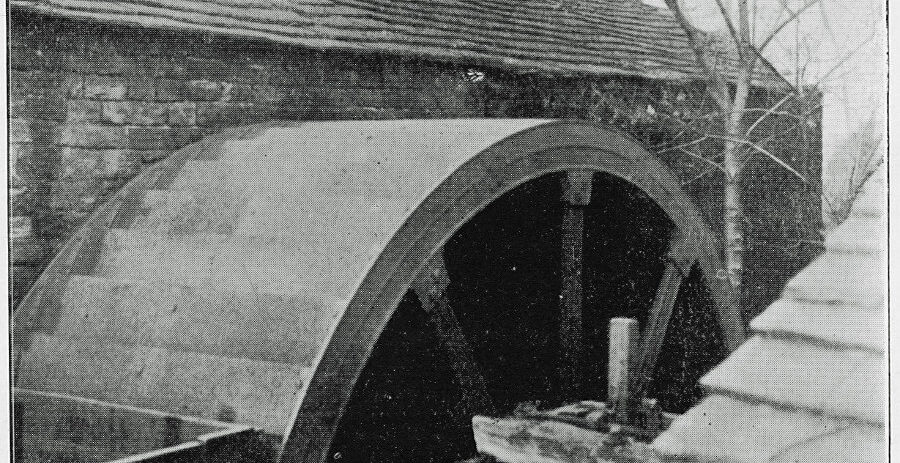The larger of the two Grogram waterwheels (the ‘Groggie’), in 1934. The original was damaged by the Sheffield flood of 1864. From Miller, 1936.