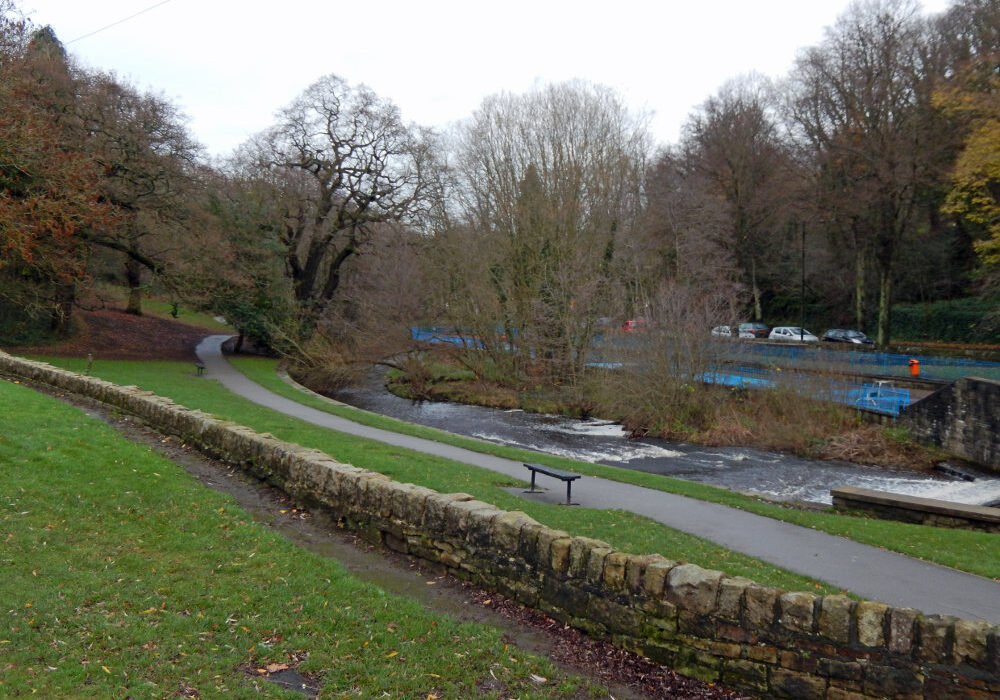 View from the Rivelin café towards the location of the mill dam beside Hollins Bridge Mill, looking across the river towards the Rivelin Valley Water Play area (blue). Photo: Sue Shaw, December 2015.