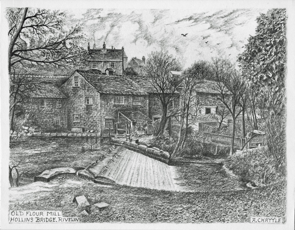 Drawing of Hollins Bridge Mill by Mr A. Chattle (undated). The weir was built in the early 20th century when the course of the river was changed. Courtesy of M. Chattle.