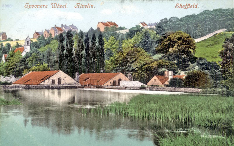 Spooners Wheel and mill dam (undated). St. Michael’s Mortuary Chapel, Rivelin Glen Cemetery is behind, to the left.
Sheffield City Council, Libraries Archives