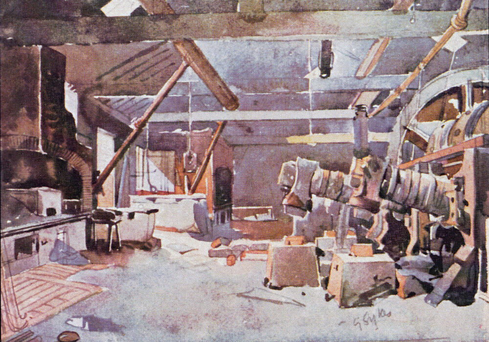 Interior of Walkley Bank Tilt, showing the tilt hammers. Watercolour by Godfrey Sykes (1824–1866). Courtesy of Museums Sheffield.