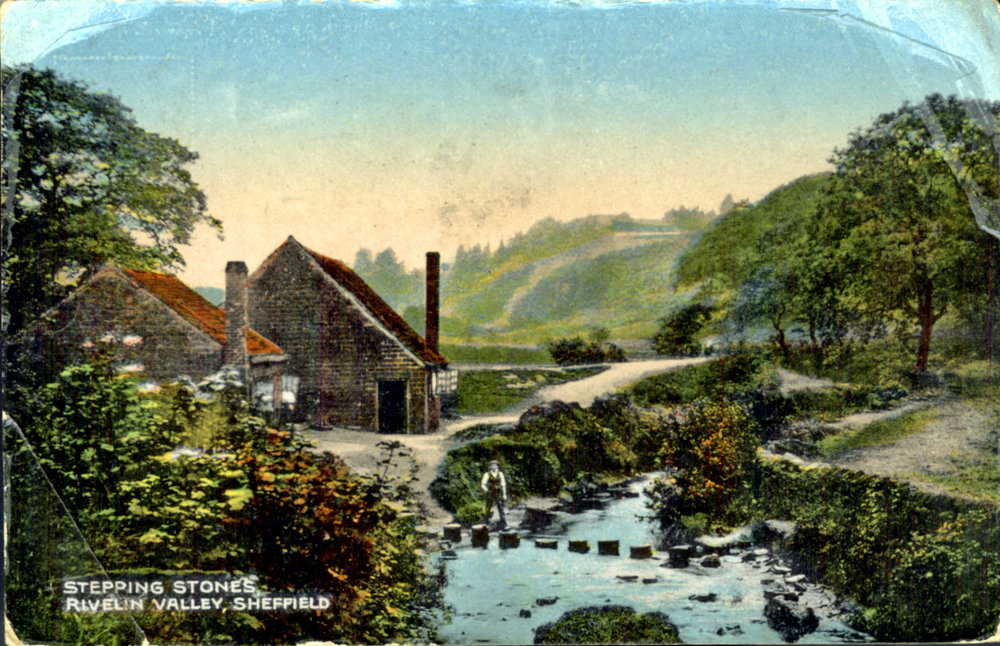 Holme Head Wheel in about 1923; stepping stones made of old grindstones cross the river nearby. The current set of stepping stones cross the river just above the Roscoe weir, about 100 m downstream of this location. Sheffield City Council, Libraries Archives and Information: www.picturesheffield.com Image s10354.