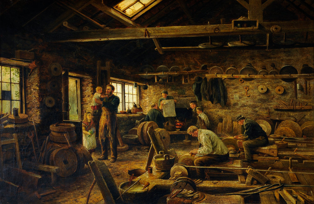 Interior of Holme Head Wheel, Rivelin Valley, Sheffield. Painting by Joseph Wrightson MacIntyre; oil on canvas, 1879. Courtesy of Museums Sheffield. This painting gives an excellent insight into working conditions in a grinding workshop in the mid-19th century.