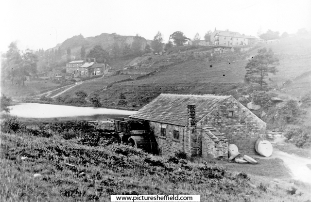 Nether Cut Wheel (New Wheel), Rivelin Valley. Rivelin Cottages and Rivelin Glen United Methodist Church on hill, in background. Sheffield City Council, Libraries Archives