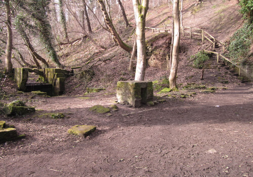 The site of Roscoe Wheel, including the remains of the wheel-pit and arch. The steps behind mark the footpath up through Roscoe Plantation to Roscoe Bank.[Photo: Sue Shaw, March 2015]