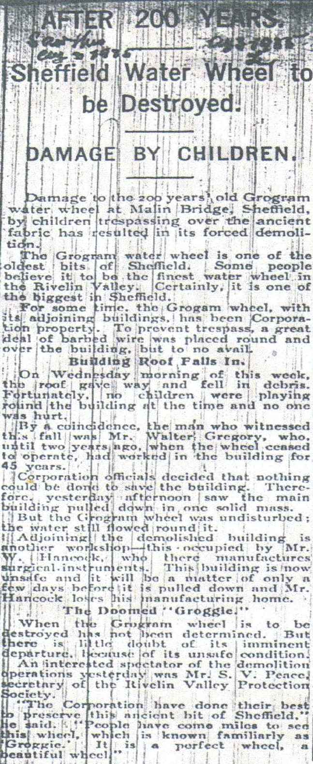 Article from the Sheffield Star newspaper dated August 1935, describing the demolition of Grogram Wheel.