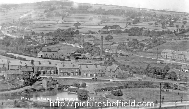 Dated 1900–1919. Wisewood Rolling Mills in the centre (with tall chimney) and Wisewood Forge to the rear left. Stannington Road, centre including Forge Farm. Sheffield City Council, Libraries Archives and Information: www.picturesheffield.co.uk Image PS-t00919.
