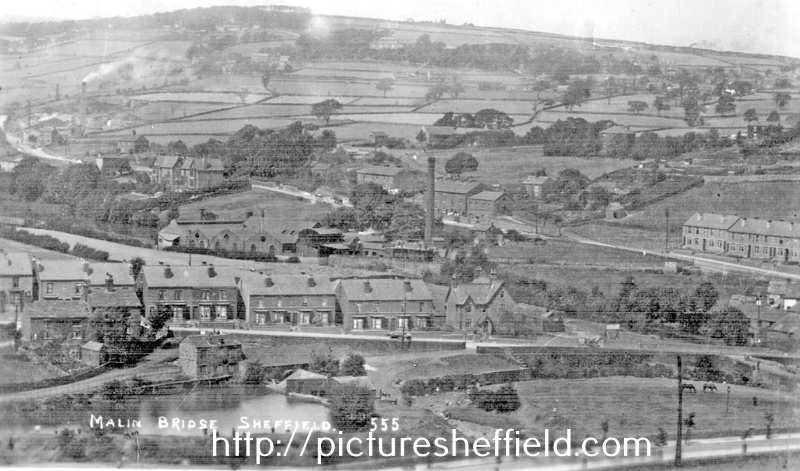 Dated 1900–1919. Wisewood Rolling Mills in the centre (with tall chimney) and Wisewood Forge to the rear left. Stannington Road, centre including Forge Farm. Sheffield City Council, Libraries Archives and Information: www.picturesheffield.co.uk Image PS-t00919.