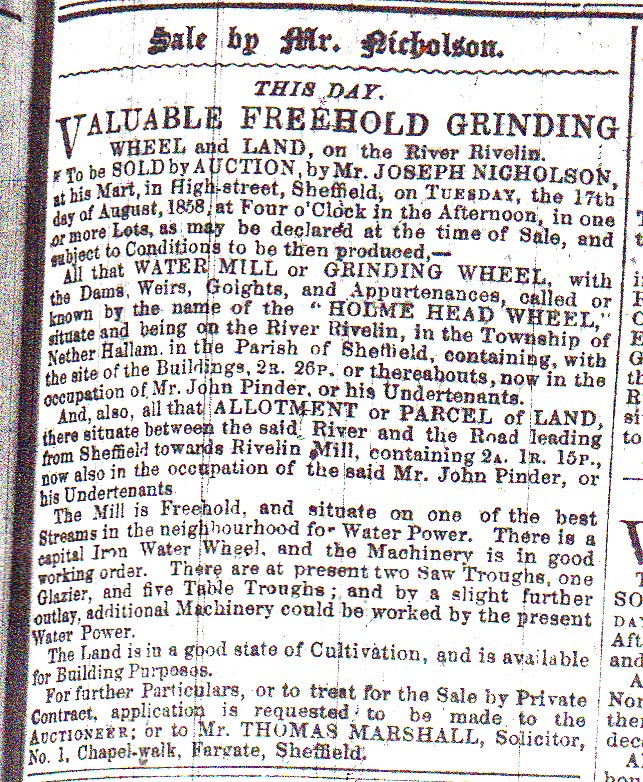 Newspaper notice of the sale by auction of Holme Head Wheel and land in 1858.
