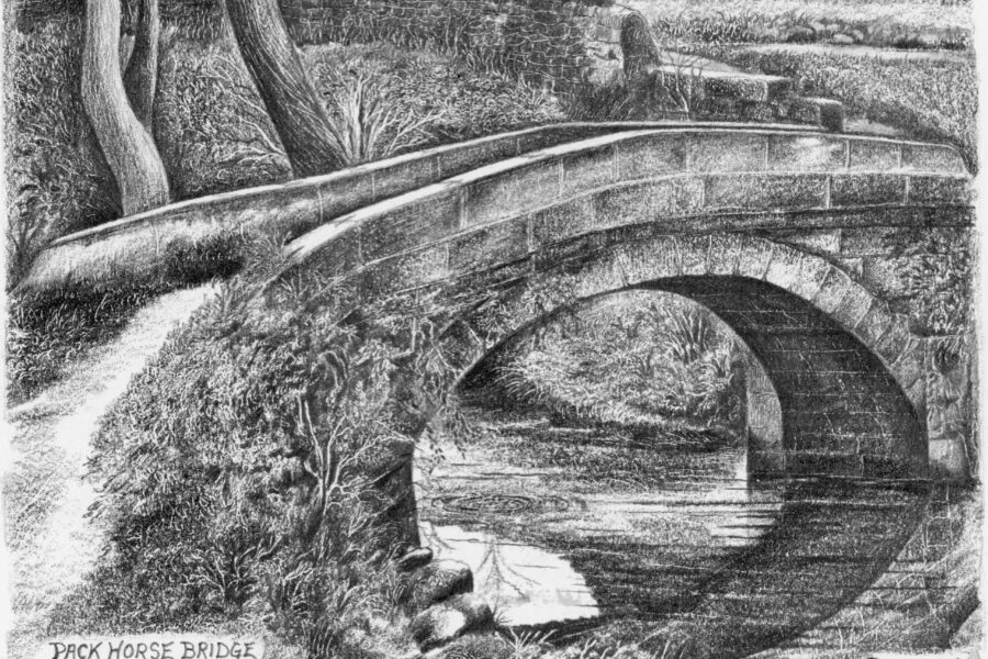 Pack horse bridge near to Uppercut Wheel, Rivelin. Drawing by artist Dumont