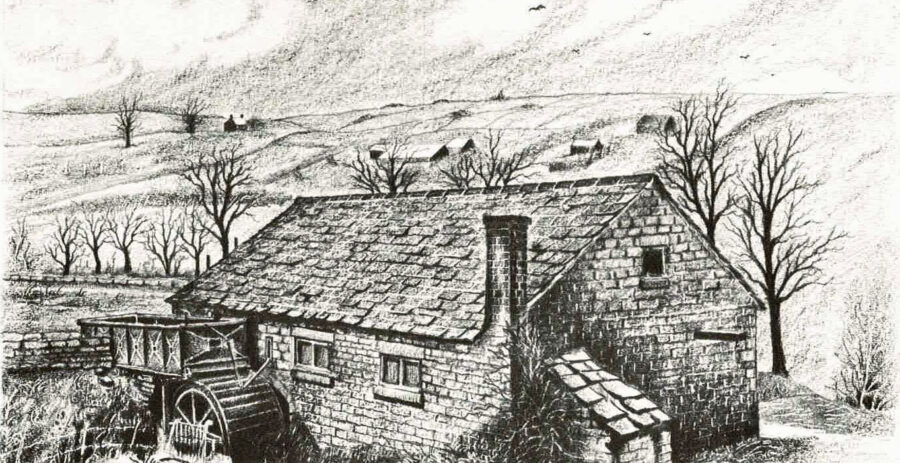 Nether Cut Wheel Rivelin_Chattle Drawing of Nether Cut Wheel in Rivelin Valley by Arthur Chattle