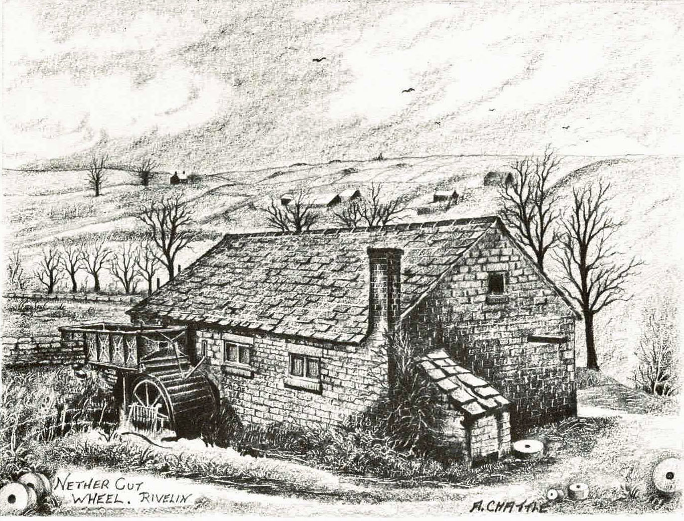 Drawing of Nether Cut Wheel in Rivelin Valley by Arthur Chattle