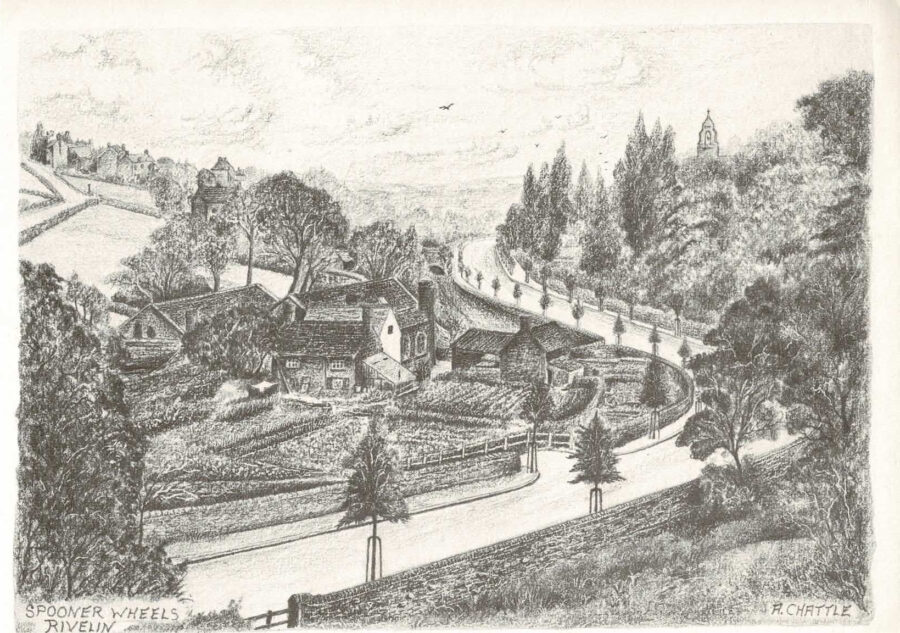 Drawing of Spooners Wheel Rivelin by Arthur Chattle